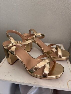 Gold Block Heel Sandals - Women's Strappy Dress Heels